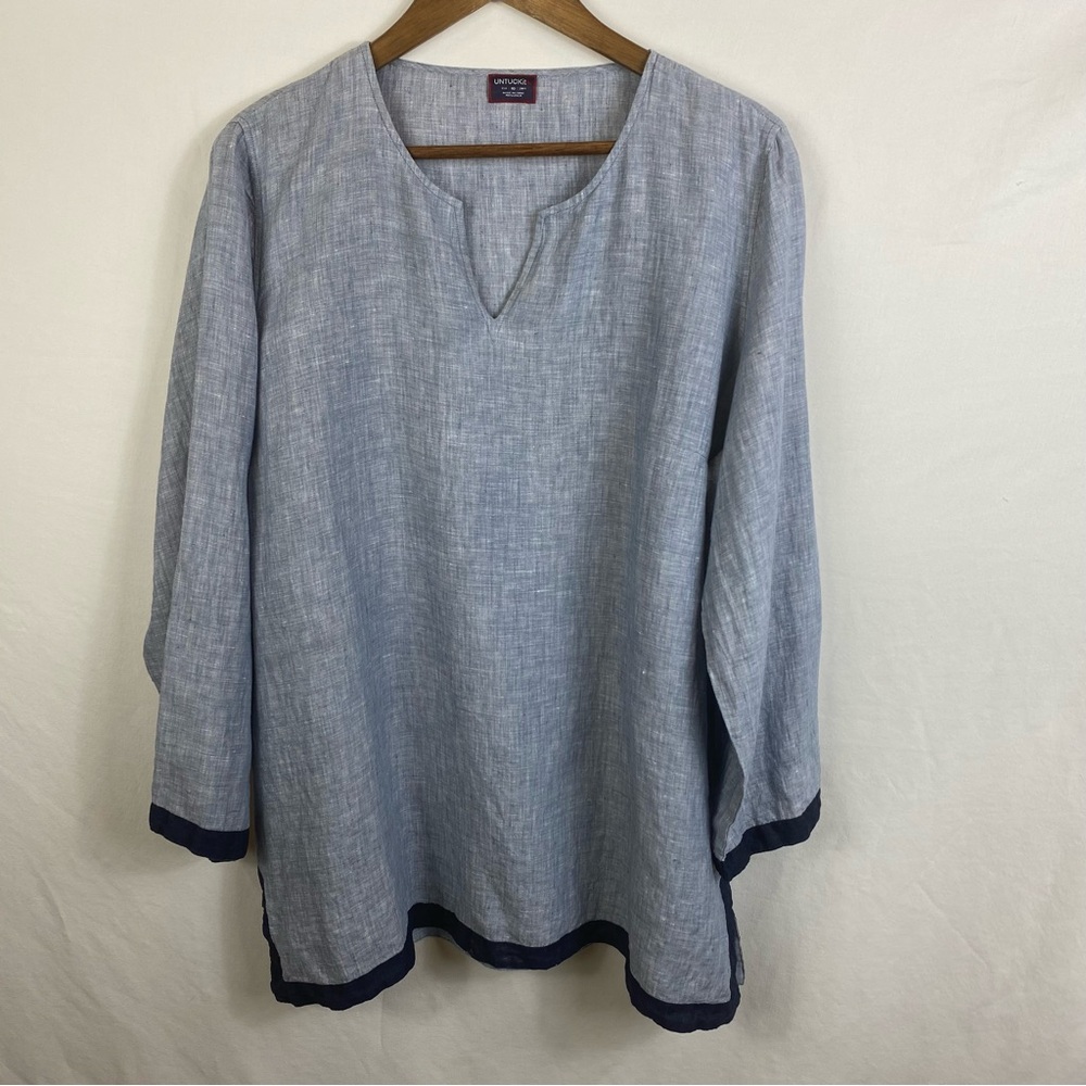Untuckit Blue Linen Tunic with Navy Trim Size 10